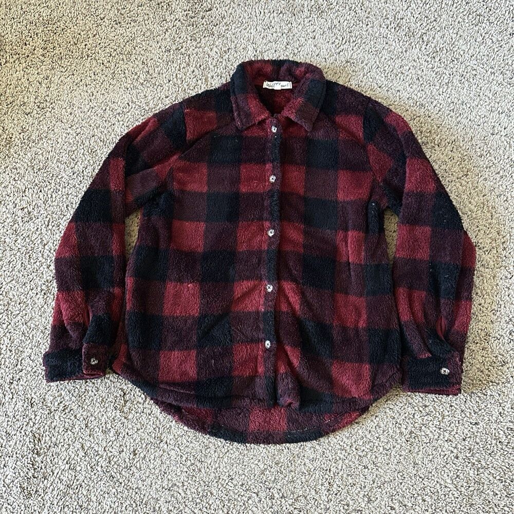 Wallflower Women's Red/Black Plaid Fleece Polyester Collared Button-Up Size M